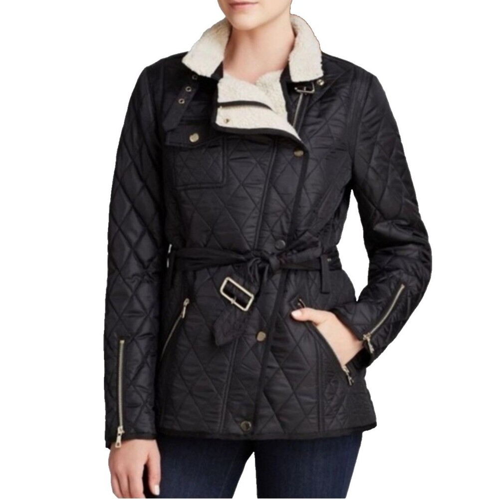 Sam Edelman Quilted Moto Jacket Size XS Sherpa Lined Asymmetrical Zipper Rylie